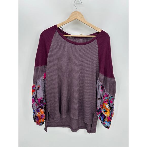 Umgee Top Women Purple Floral Thermal Long Sleeve Boho Size Medium Raglan - Picture 1 of 7